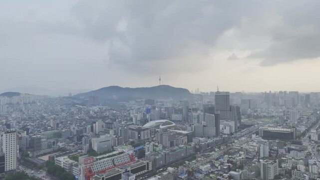 Aerial Drone View of Jongno Cityscape near Dongmyo Station and DDP Dongdaemun Design Plaza in Seoul, South Korea