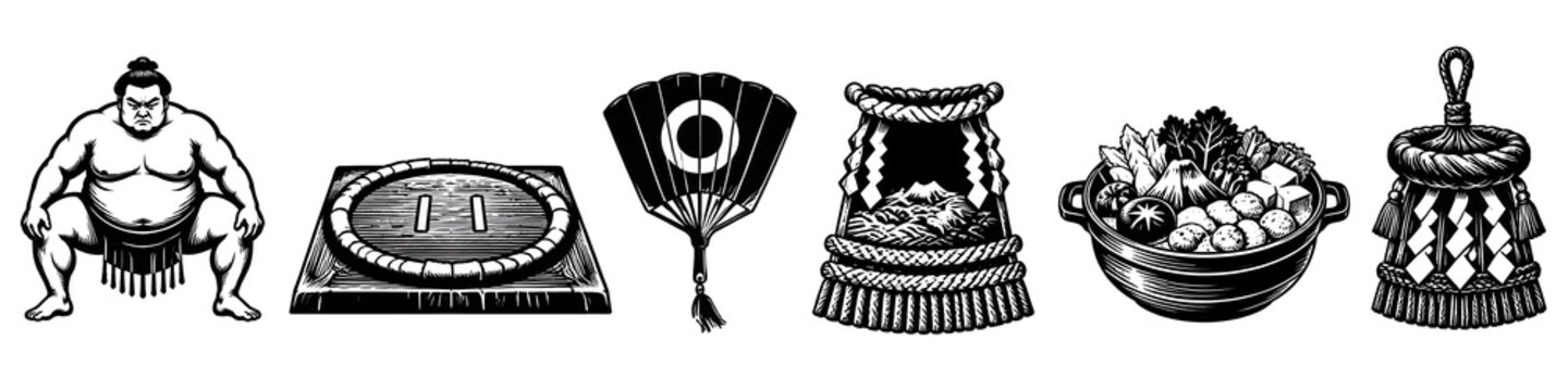 Japanese Sumo Wrestling Icon Set &ndash; Sumo Wrestler, Dohyo Ring, Gunbai Fan, Ceremonial Apron, Chanko Nabe and Sacred Rope