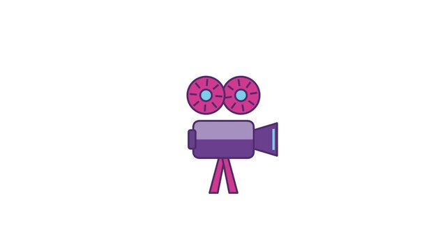 Retro Film Camera Icon with Reels on Tripod.
