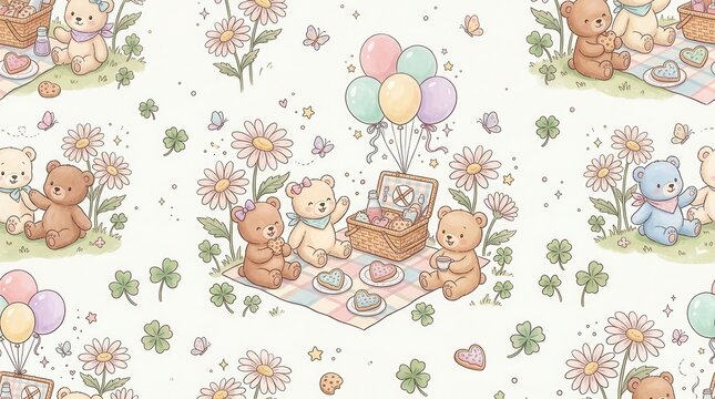 Sweet bears share treats and celebrate a happy outdoor gathering among daisies and clover