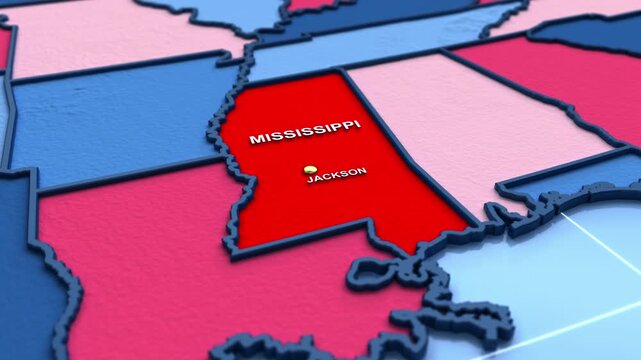 Looped 3D election map animation of the United States zooming into Mississippi state, featuring red, blue, purple and green political outcome variations. 