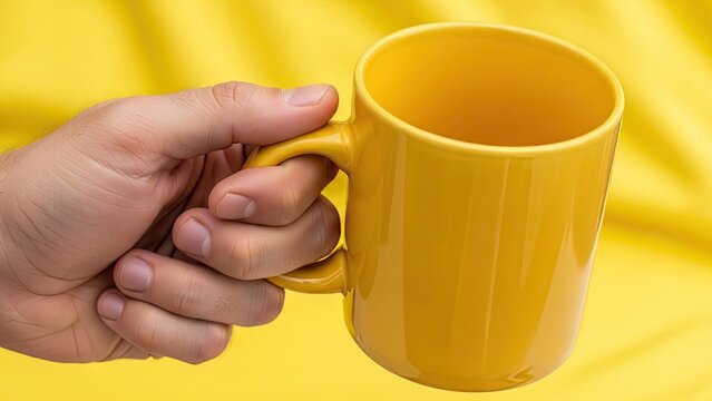 Hand holding a bright yellow ceramic coffee mug.