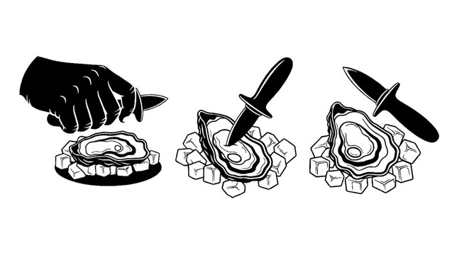 Hand holding knife cutting open oyster shell on ice.