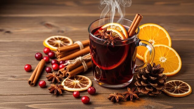 Hot mulled wine with oranges and cinnamon on wood