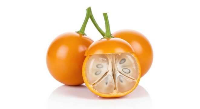 Fresh lulo fruits with one cut in half showing seeds and juicy pulp