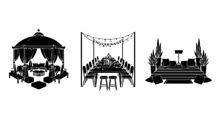 Obraz premium Silhouette illustrations of outdoor dining and seating arrangements.