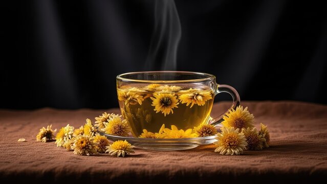 Steaming herbal flower tea in a clear glass cup.