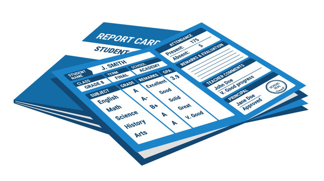 Student Report Card with Grades and Comments, Education Concept