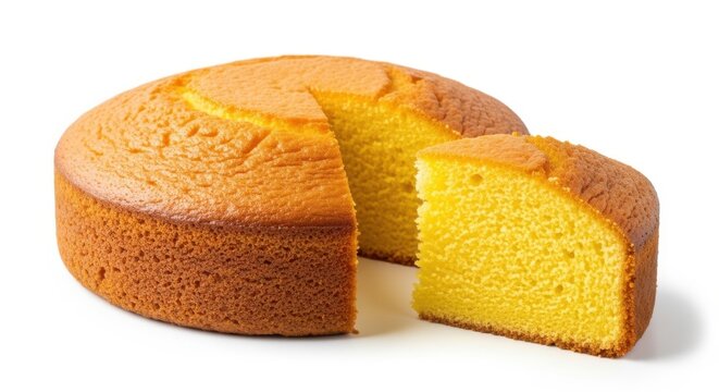 Fresh round yellow sponge cake with a slice cut out for a delicious dessert