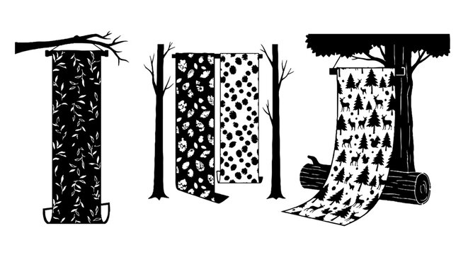 Three hanging fabric scrolls with tree and geometric patterns.