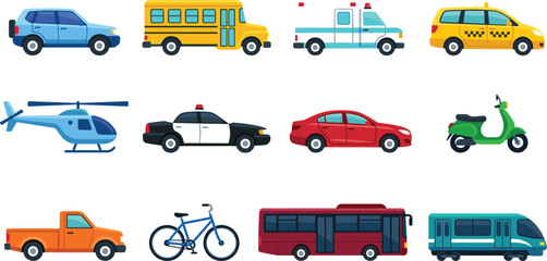 City Public Transport and Emergency Vehicle Flat Vector Icon Set Featuring School Bus Taxi Police Car Helicopter Train and Bicycle Graphics © rumi
