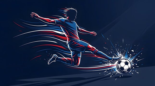 Dynamic Soccer Player Kicking Ball with Motion Blur Effect in Dark Setting