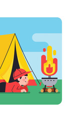Naklejka premium Outdoor Camping Adventure With Cheerful Boy And Campfire Illustration