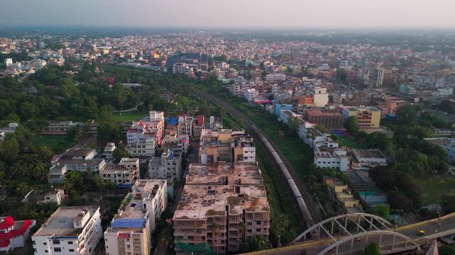 4K Aerial Top down Buildings and Apartment with Multiple Building aerial. Urban Buildings and Apartment at bridge road at Delhi. Cinematic cityscape drone shot. Noida Buildings.