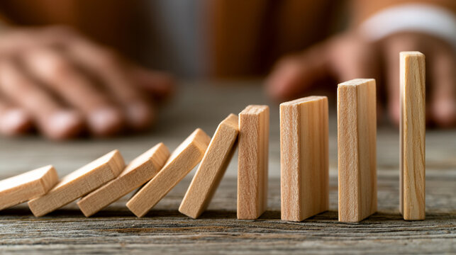A close-up of wooden dominoes in a cascading effect, showcasing the concept of cause and effect in business strategies