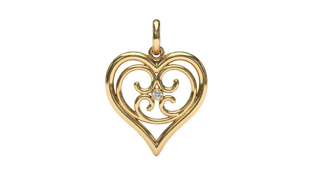 Elegant golden heart shaped pendant featuring intricate scrollwork filigree details and a single sparkling diamond gemstone centerpiece designed for luxury jewelry fashion on transparent background