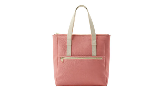 Modern coral pink canvas tote bag with sturdy beige fabric handles and a functional front zipper pocket designed for daily fashion utility on transparent background