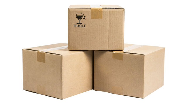 Three stacked brown cardboard shipping boxes with a fragile symbol printed on the top container for safe delivery and logistics services presented on transparent background