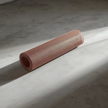 Copper Faraday mesh partly unrolled on concrete, casting a fine woven shadow.