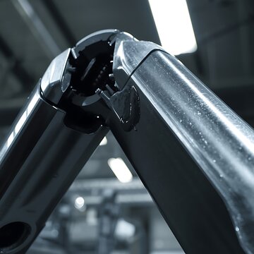 Close-up of a greased robotic arm joint under cold factory fluorescent light.