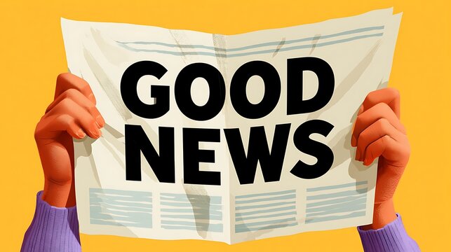 Illustration of hands holding a newspaper with a headline that says Good News
