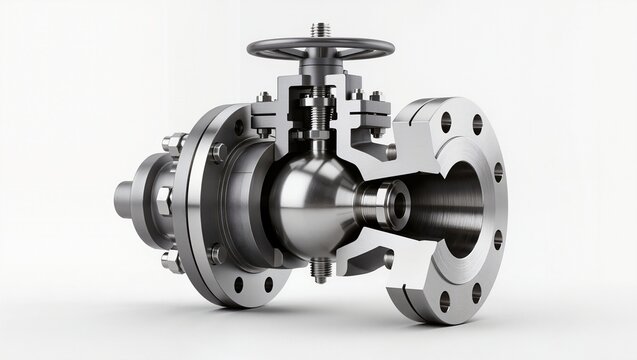 Flanged ball valve handwheel gland bolted yoke cross-section, white background