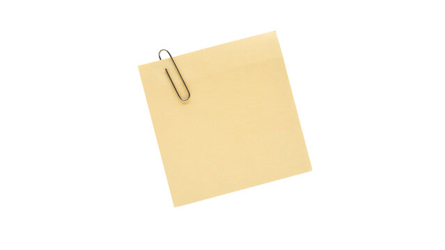 A single blank square yellow sticky note with a metallic silver paperclip attached to the top left corner presented in a flat view on transparent background