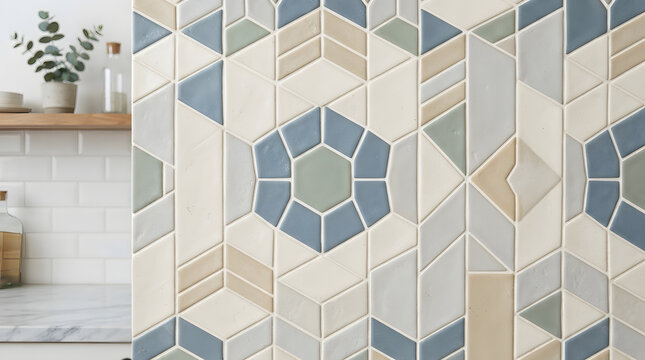 A close-up view of a modern kitchen corner with a decorative tile backsplash featuring blue, green, and beige geometric patterns and a shelf with plants and bottles on a white brick wall.