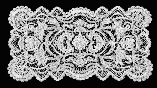 White Ornate Doily with Lace, rectangular, top view on a black background. Embroidered floral and ornamental symmetrical lace patterns along the edges, filigree lace frame