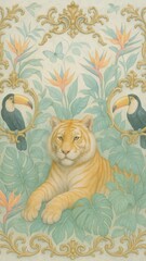 Fototapeta premium Elegant tiger amidst tropical foliage.
