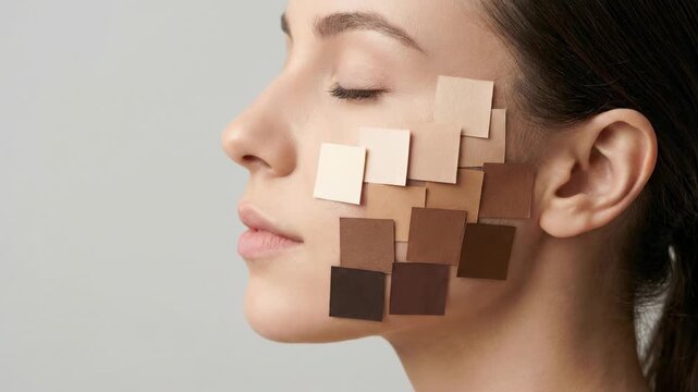 Eye-level close-up of young woman in profile with relaxed expression, closed eye, and layered paper swatches in graduated skin tones across cheek and jaw for shade testing, with face, profile, cheek
