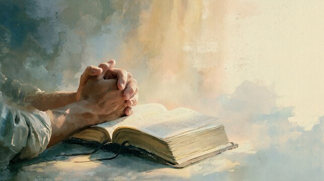 Clasped Hands in Prayer Beside Open Bible, Watercolor Christian Devotional Banner with Soft Morning Light and Copy Space