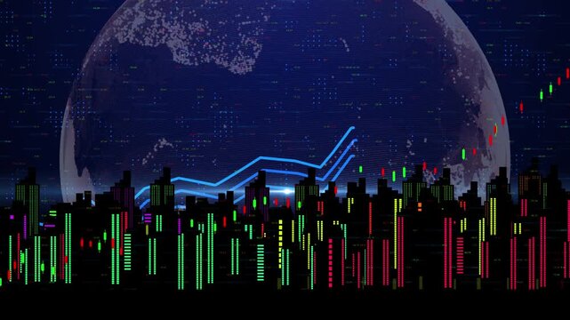 Futuristic Digital Stock Market Chart With Rising Blue Trend Lines And Colorful Candlestick Bars Over A Pixelated Neon City Skyline And A Glowing Global Earth Hologram Background In A Dark Starry Spac