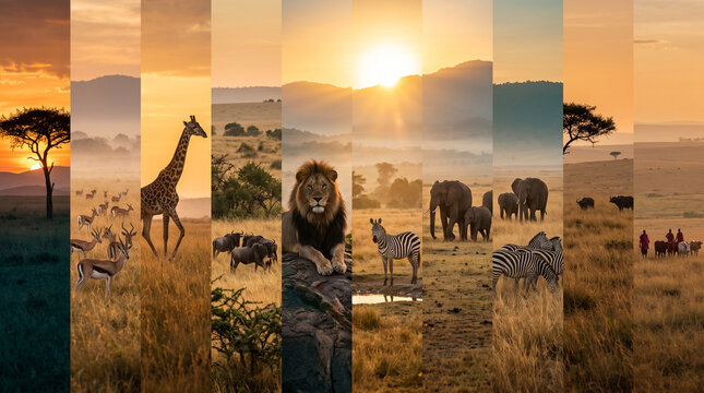 African savanna landscape collage featuring sunrise over wild animal habitat with lion giraffe elephants zebras wildebeest and antelope.