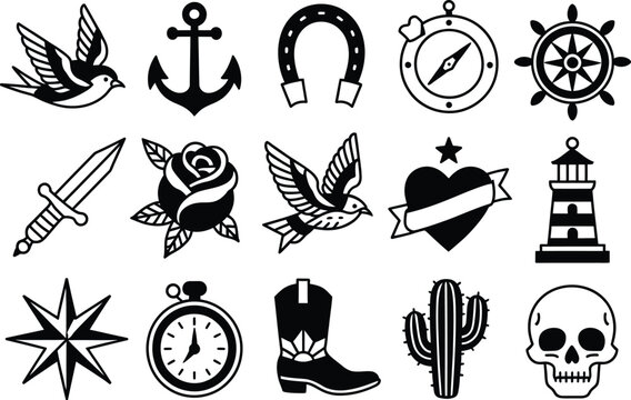 Traditional tattoo flash vector set featuring swallow anchor horseshoe compass maritime wheel dagger rose lighthouse skull and old school symbols.