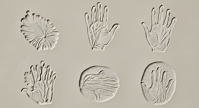Clay Imprints of Hands and Leaf on Neutral Background