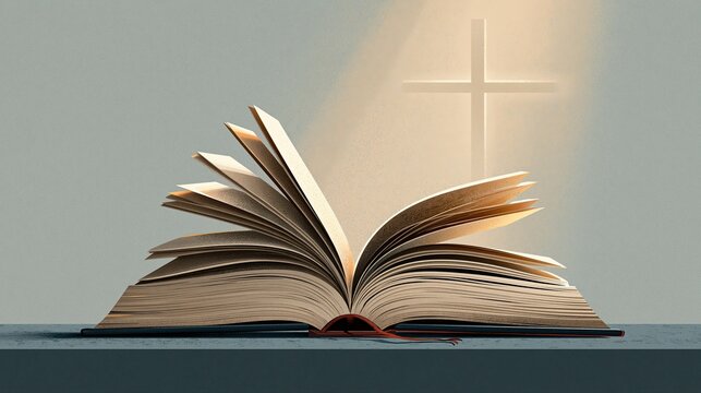 Open Bible with Soft Glowing Cross in Minimalist Background, Christian Devotional and Sermon Banner