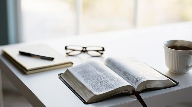 Open Bible, Notebook, Glasses, and Coffee Cup on Modern Desk in Soft Morning Light, Christian Devotional Study Background with Copy Space