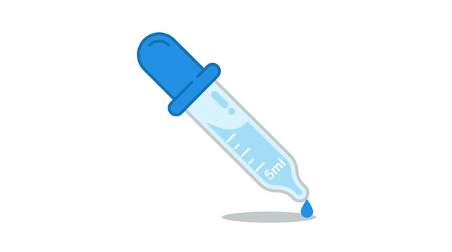 Blue dropper with 5ml liquid and falling drop on white background