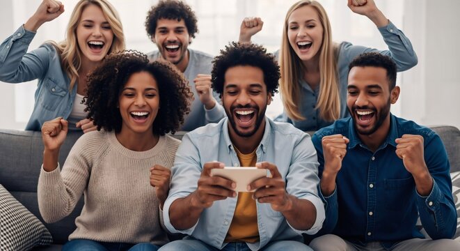 Group of happy multiracial men and women celebrating victory while man is playing video game on mobile phone at home. Lifestyle, entertainment concept.