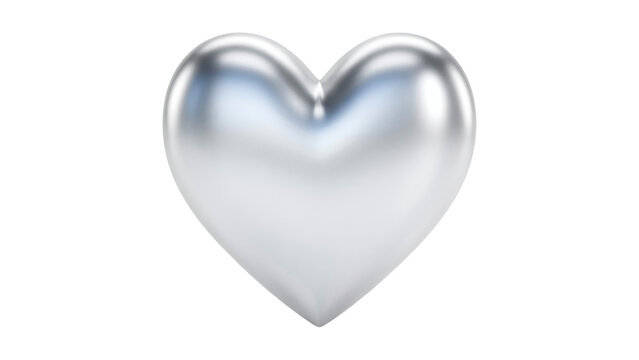 Shiny metallic silver heart shape with smooth glossy surface and reflective lighting rendered in three dimensions isolated as a high quality object on transparent background
