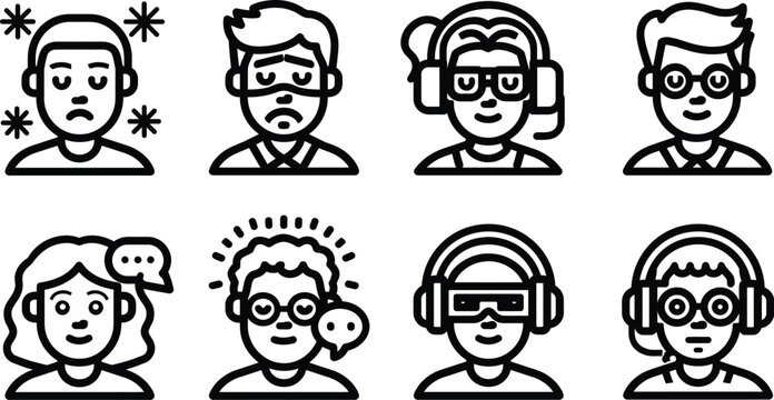 Icons vector facial expression set featuring diverse people