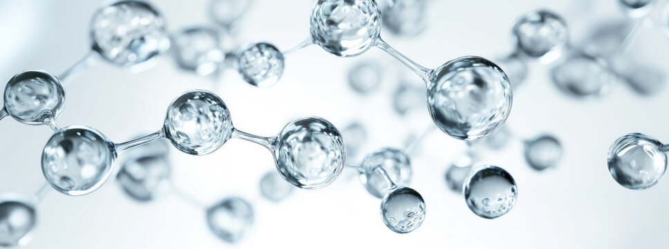 Banner Crystal structure of transparent blue molecule on white background. Molecules are connected by thin transparent threads. Laboratory, scientific background, scientific research