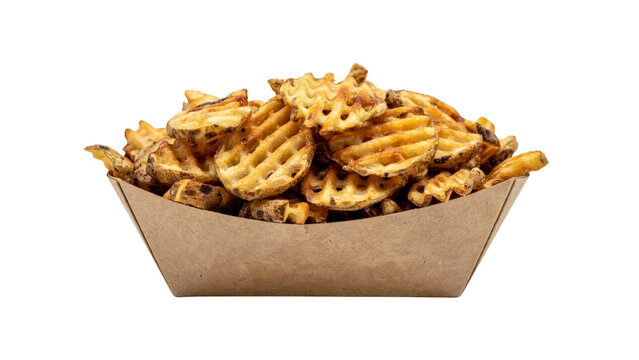 Delicious crispy golden waffle cut potato fries served in a simple brown paper cardboard food tray captured from a high angle view on transparent background
