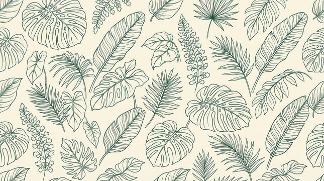 Various tropical leaves feature in a seamless outline pattern on a light cream background