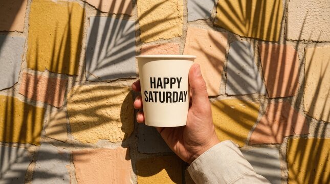 A hand holds a white paper cup with happy saturday text against a stone wall background