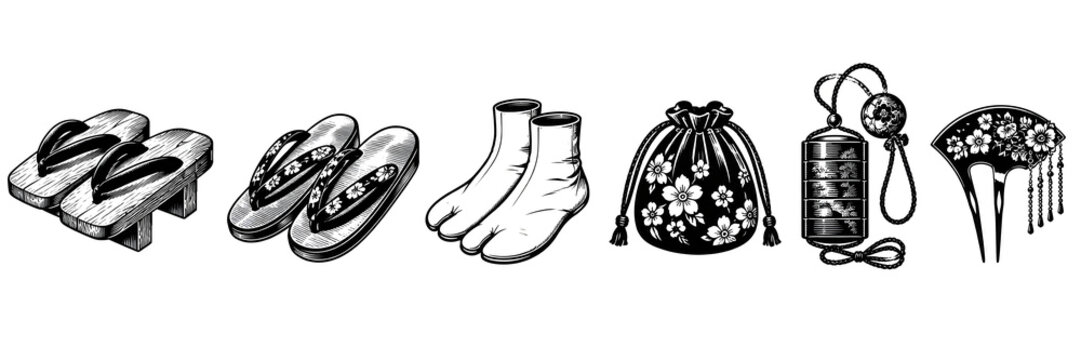 Traditional Japanese Fashion Accessories Icon Set &ndash; Geta, Zori, Tabi Socks, Kinchaku Purse, Inro and Kanzashi Hairpin