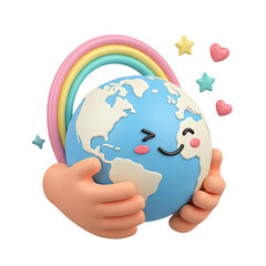 Naklejka premium Cartoon Earth Hugged by Hands with Rainbow and Stars