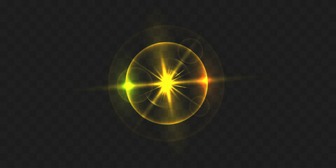 Sparkle glares. Bright yellow lens flare effect with starburst and glowing orb isolated on transparent background © Artsiom Kusmartseu
