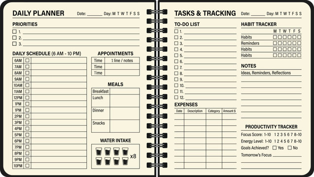Daily planner notebook template vector, open spiral journal pages layout for schedule task organizer.